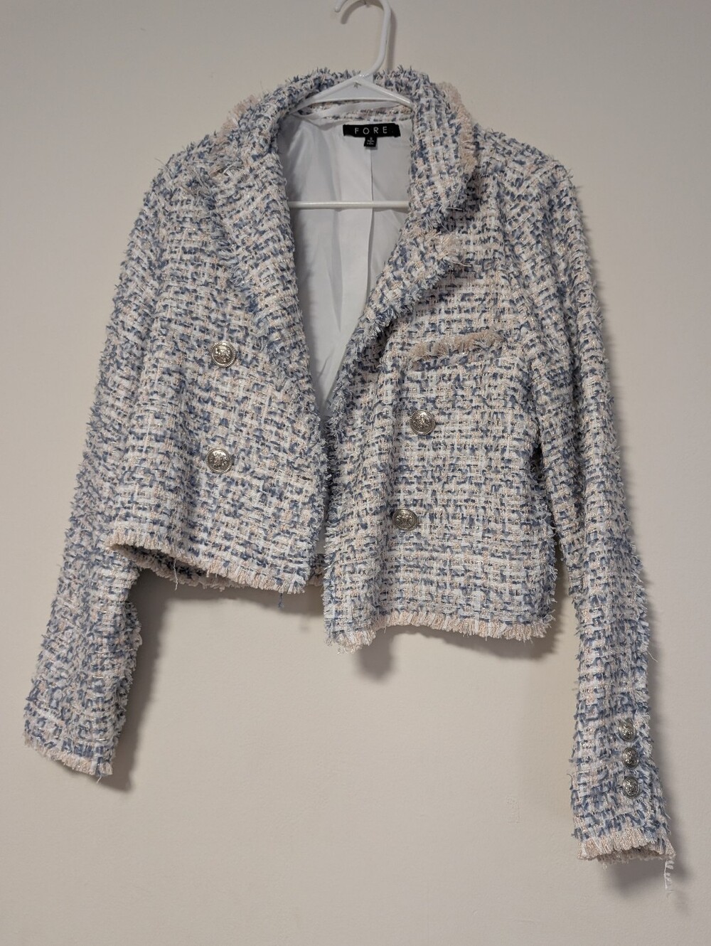 Fore Cropped Bouclé Double-Breasted Jacket in Cream & Light Blue